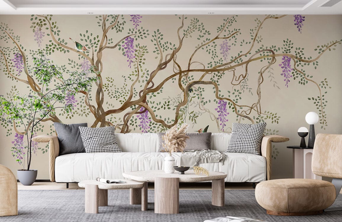 Elegant Botanical Wisteria Wall Mural in living room