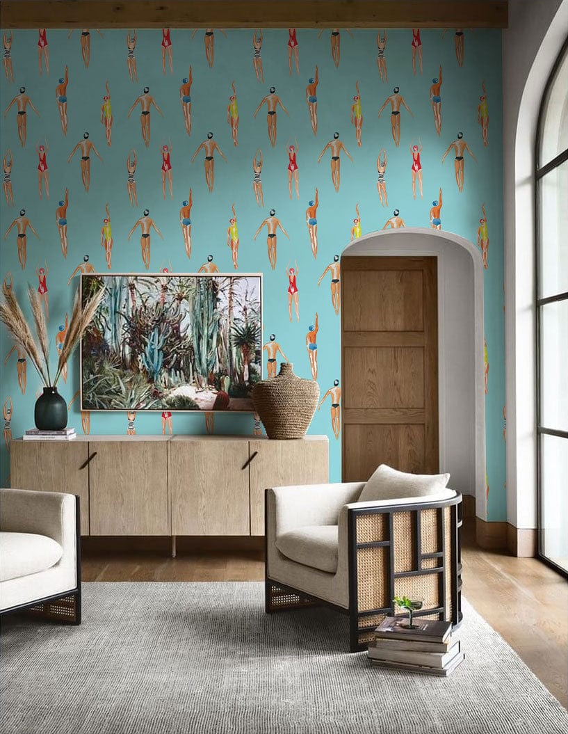 Colorful Tropical Surfboard Pattern Mural Wallpaper in living room