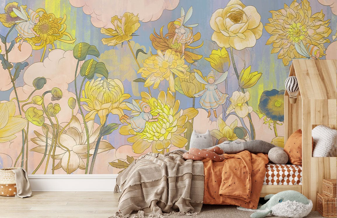 Sunny Watercolor Floral Mural Wallpaper in bedroom