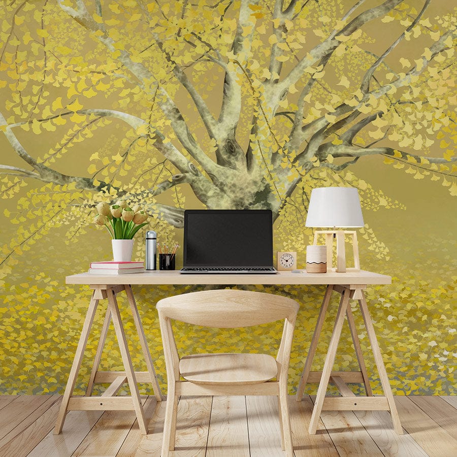 Golden Autumn Tree Landscape Mural Wallpaper in office