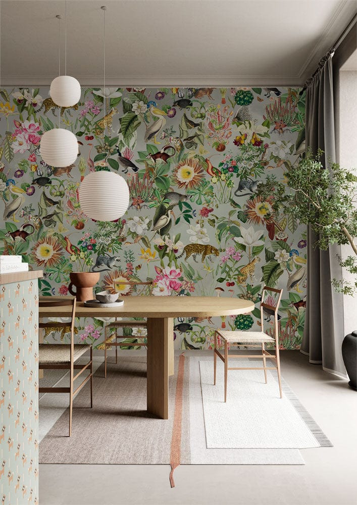 Vibrant Jungle Animal Botanical Mural Wallpaper in dining room