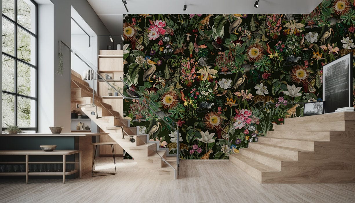 Exotic Jungle Animal Floral Mural Wallpaper in living room