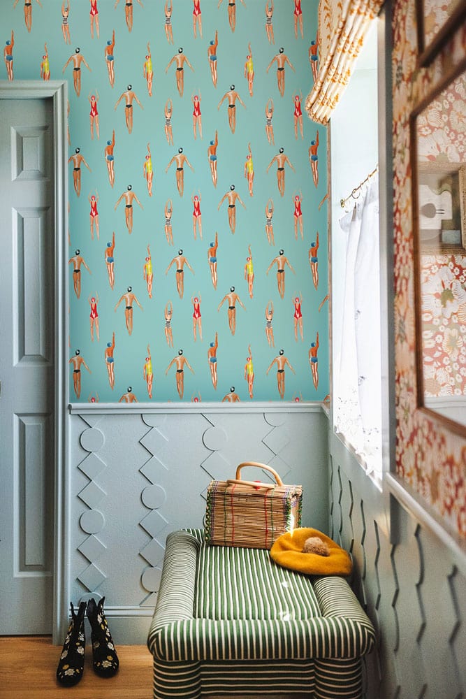 Colorful Tropical Surfboard Pattern Mural Wallpaper in entryway