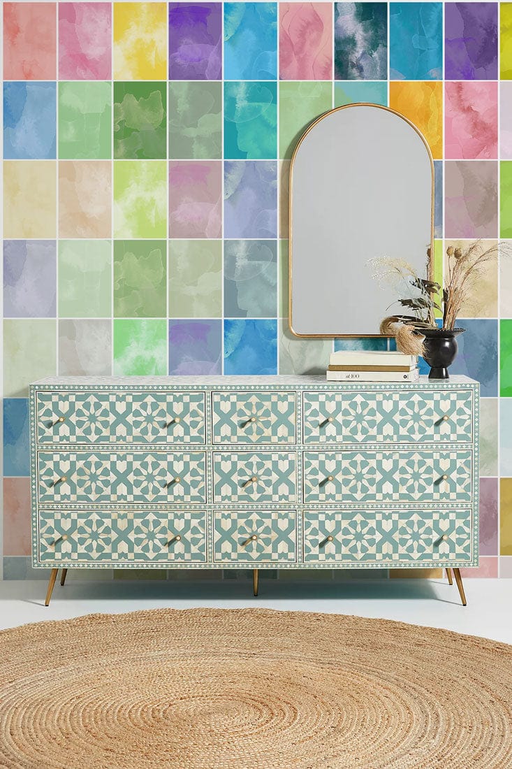 Colorful Watercolor Mosaic Mural Wallpaper in bedroom