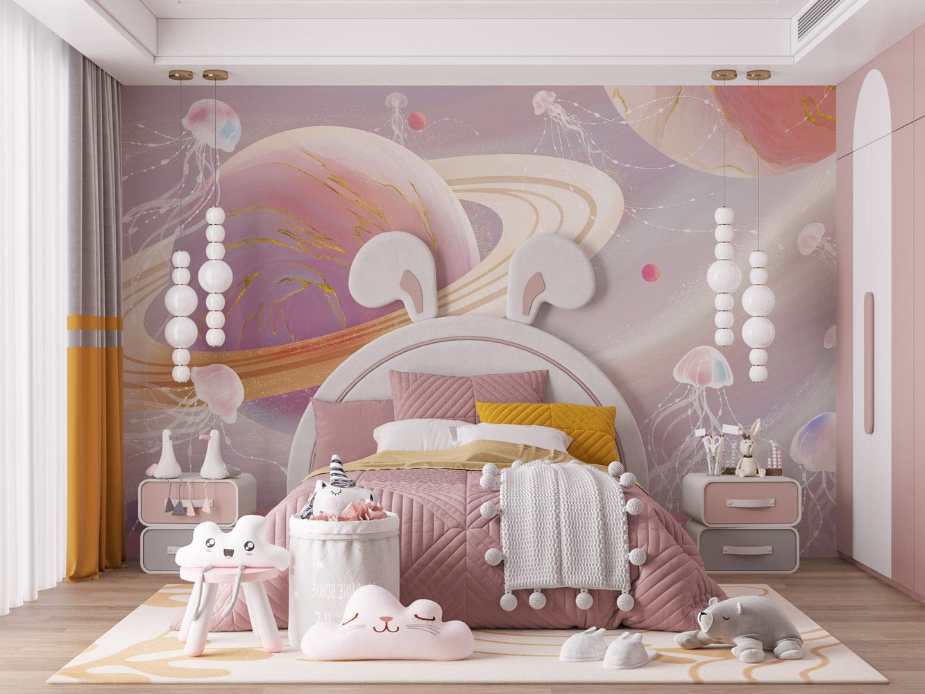 Whimsical Planetary Jellyfish Mural Wallpaper in bedroom