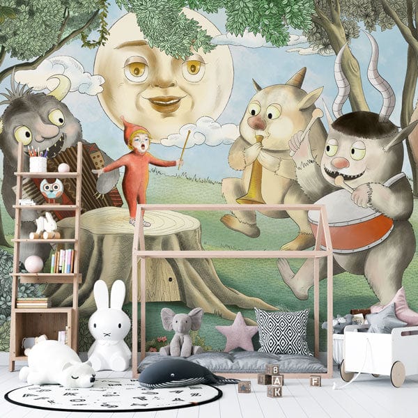 Whimsical Forest Creature Kids Mural Wallpaper in children's room