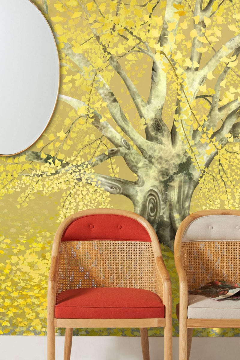 Golden Autumn Tree Landscape Mural Wallpaper in living room