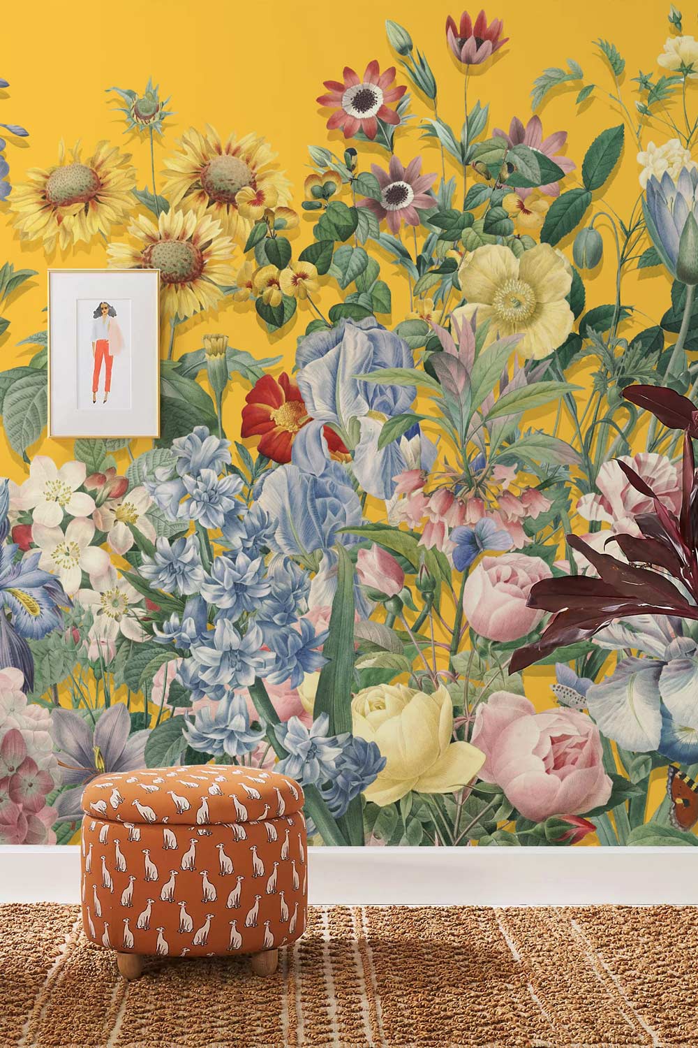 hallway wall murals with a variety of blooms and a bright yellow background