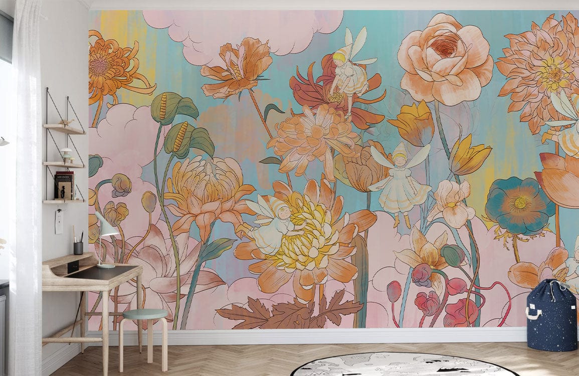 Whimsical Pastel Floral Mural Wallpaper in playroom