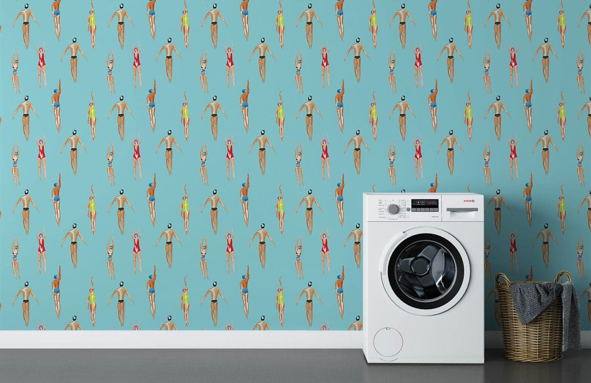 Colorful Tropical Surfboard Pattern Mural Wallpaper in laundry room
