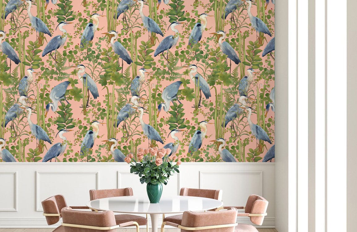 Tropical Heron Pink Botanical Mural Wallpaper in dining room