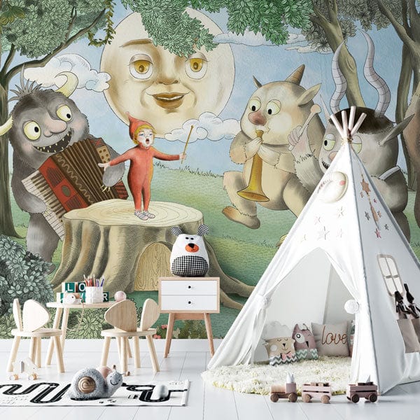 Whimsical Forest Creature Kids Mural Wallpaper in playroom