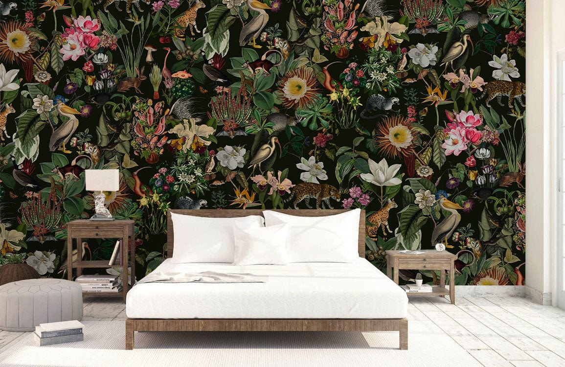 Exotic Jungle Animal Floral Mural Wallpaper in bedroom