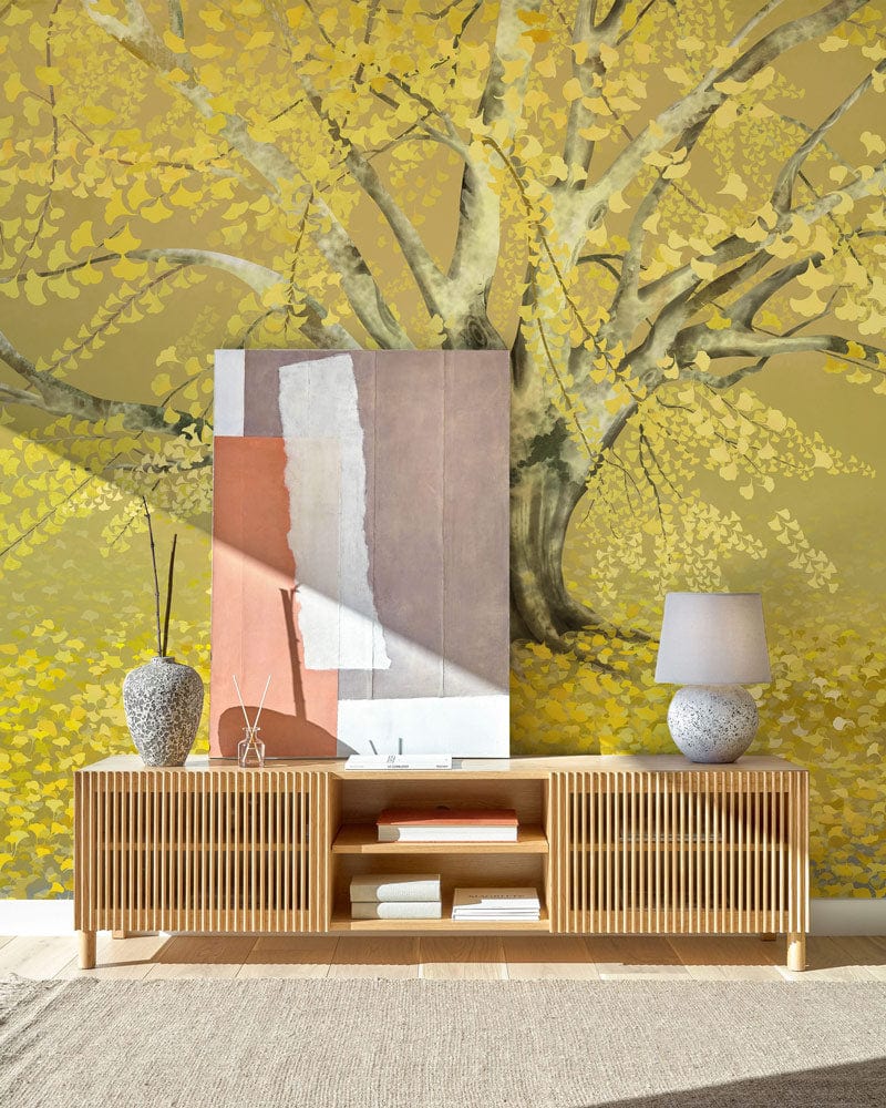 Golden Autumn Tree Landscape Mural Wallpaper in living room