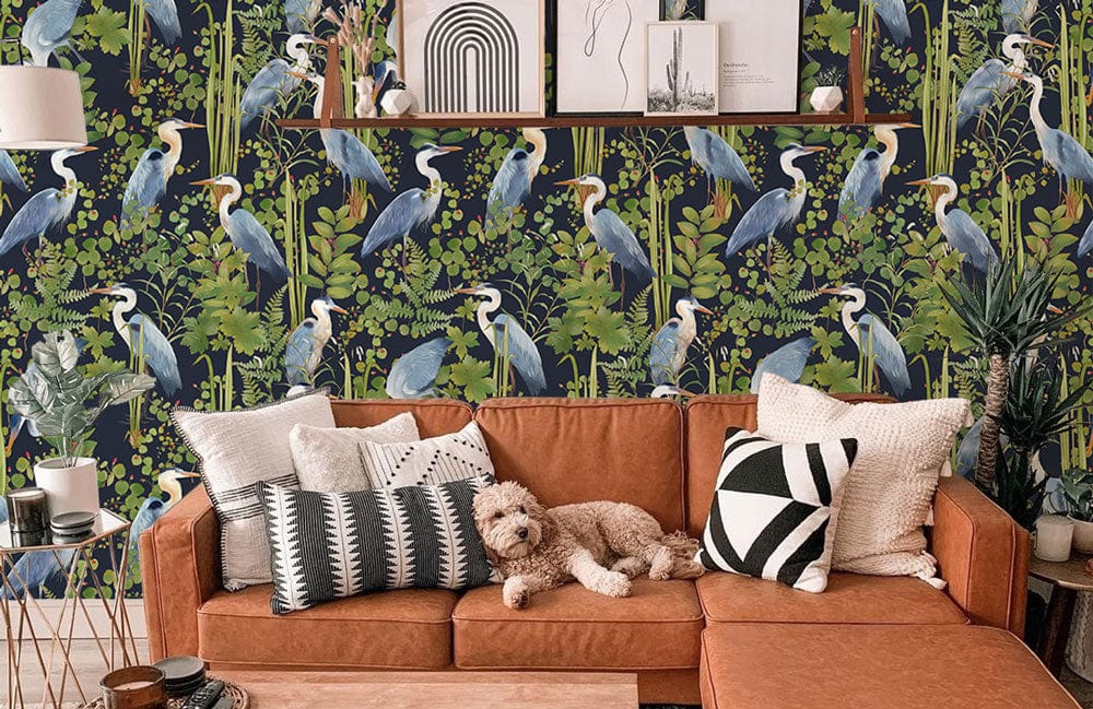 Tropical Heron Botanical Mural Wallpaper in living room