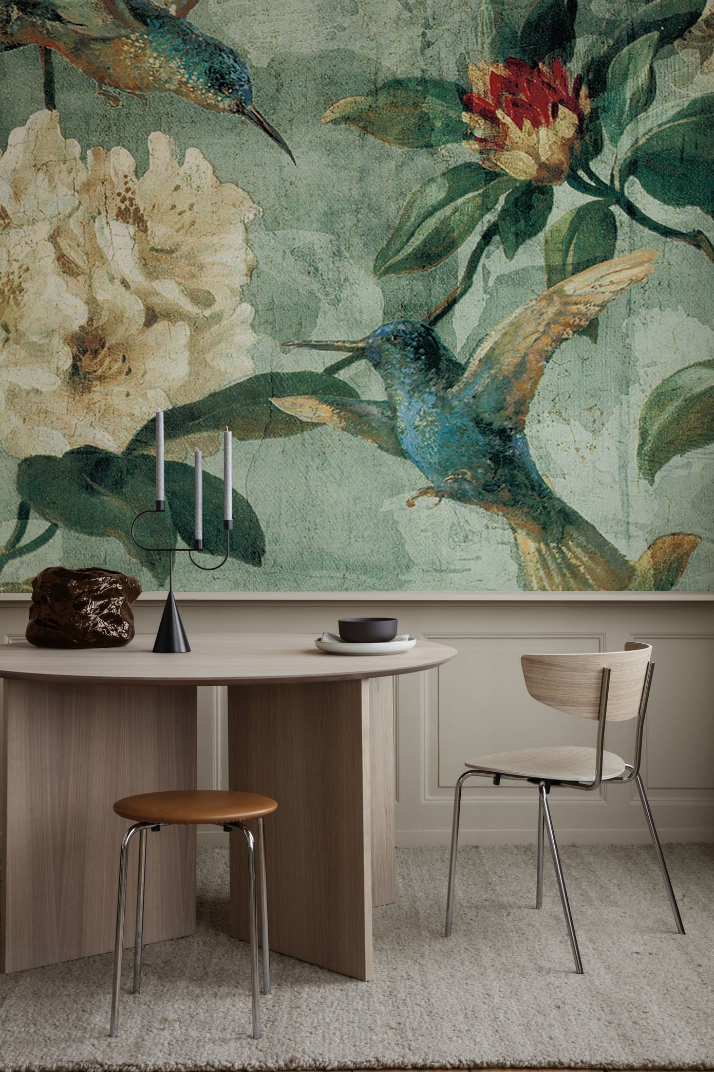 Vintage Botanical Birds Mural Wallpaper in dining room