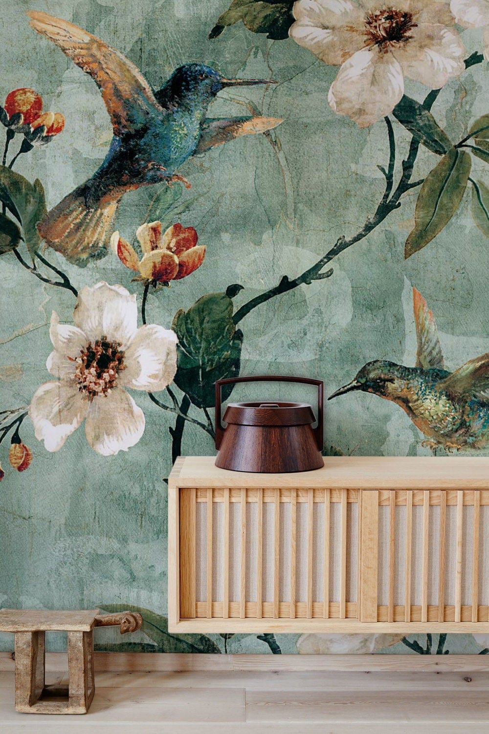 Vintage Bird Floral Botanical Mural Wallpaper in living room