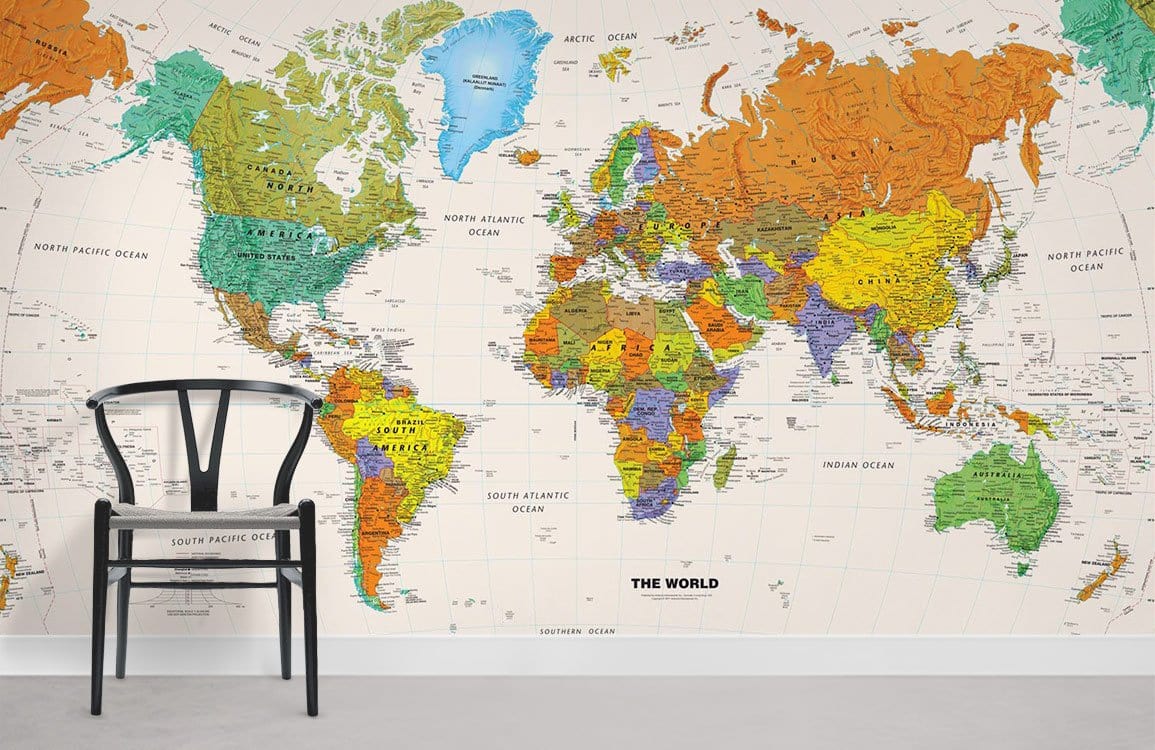 Colorful World Map Wallpaper Mural in study room
