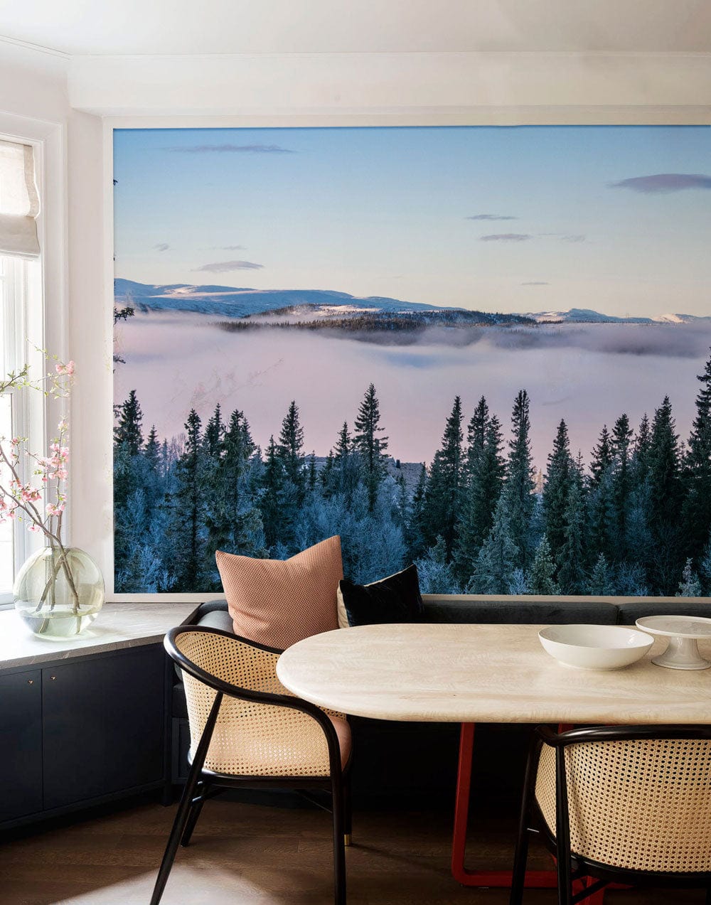 trees on mountain top and many clouds natural wall mural for dining room
