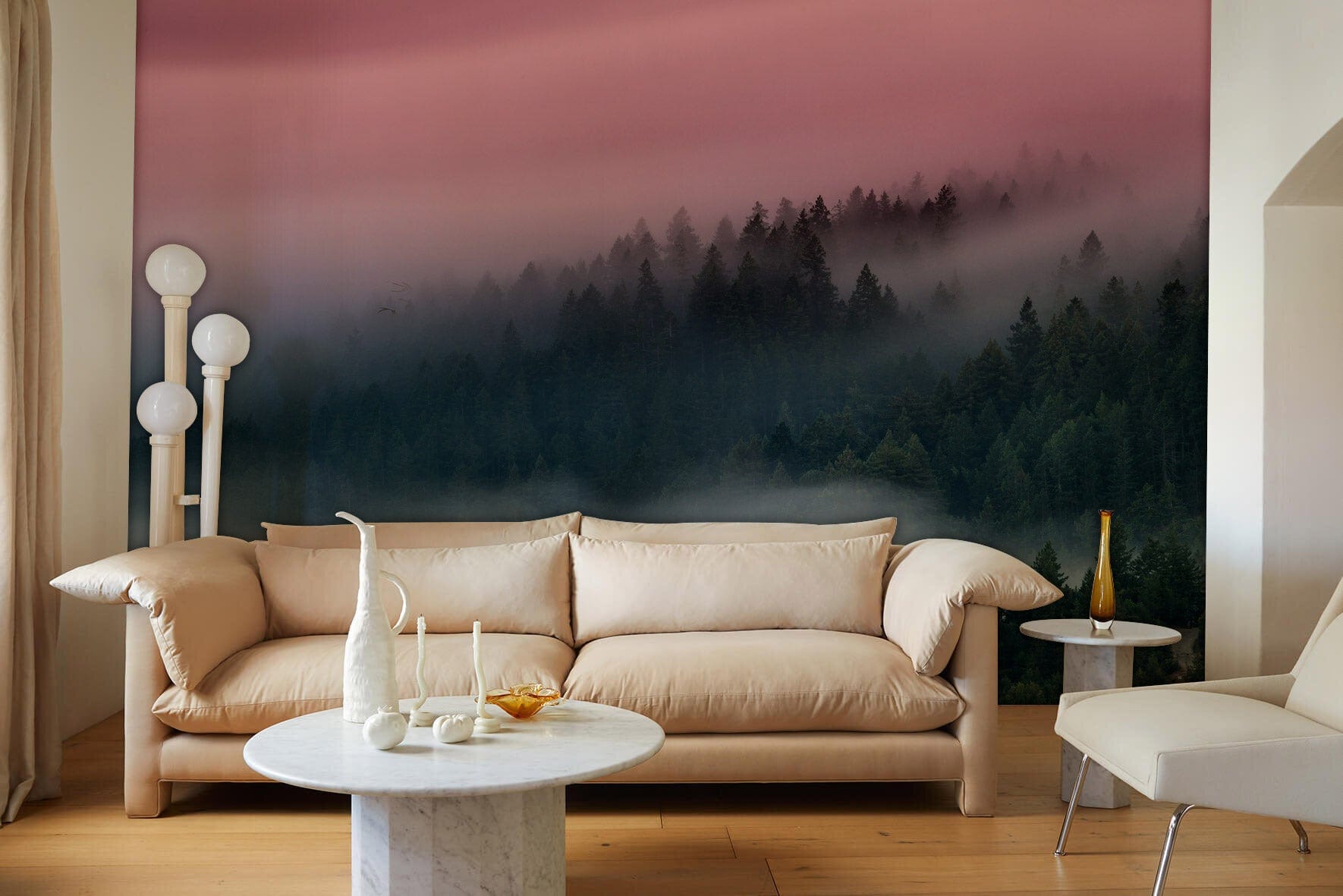 dreamy forest with heavy mist in pink wallpaper mural decoration