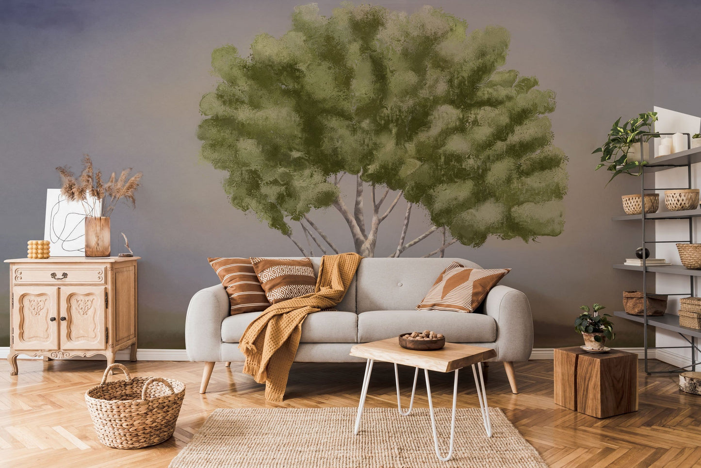 Tranquil Green Tree Landscape Mural Wallpaper in living room