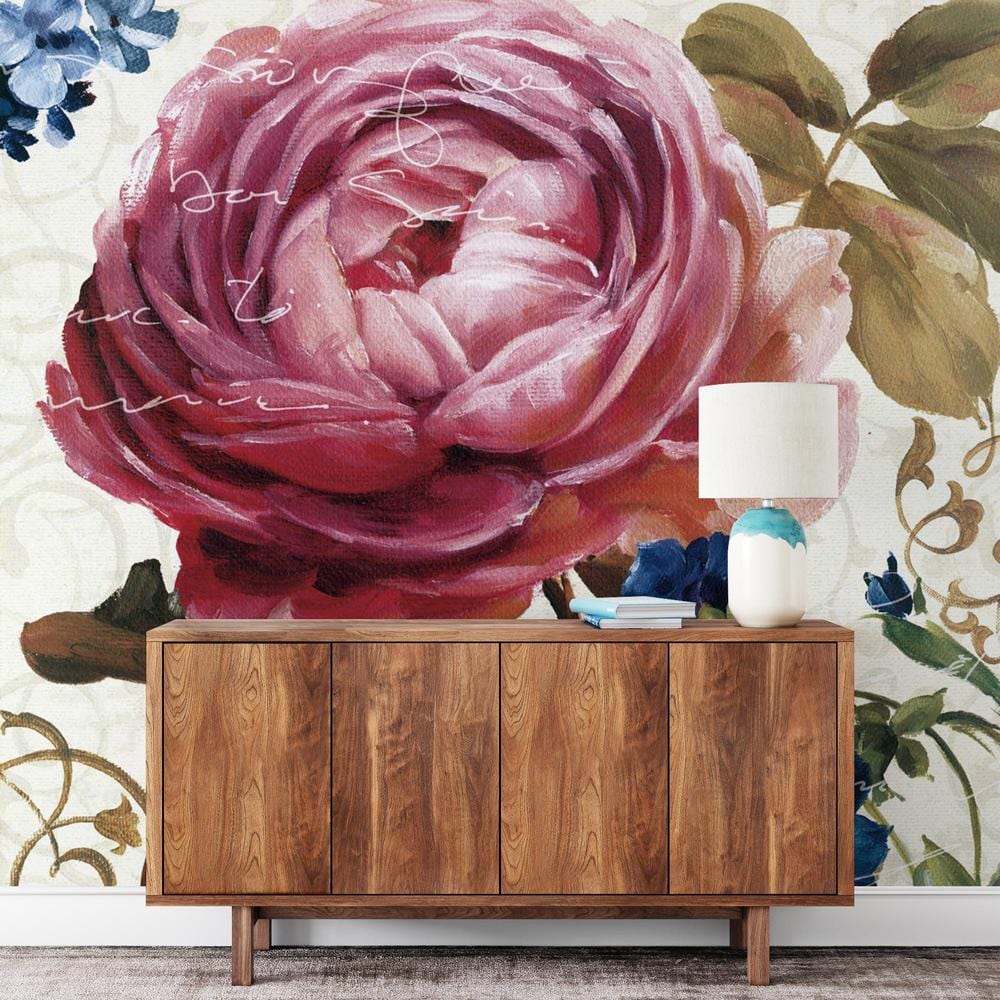 Elegant Pink Floral Watercolor Mural Wallpaper in living room