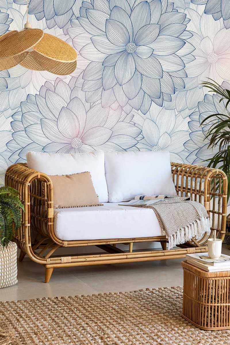 floral patetrn couch and wall decoration in the style of vinatge