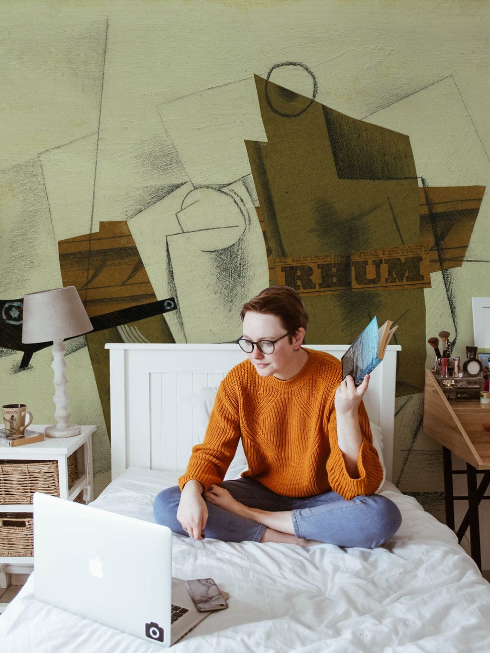 Abstract Cubist Neutral Tone Mural Wallpaper in bedroom