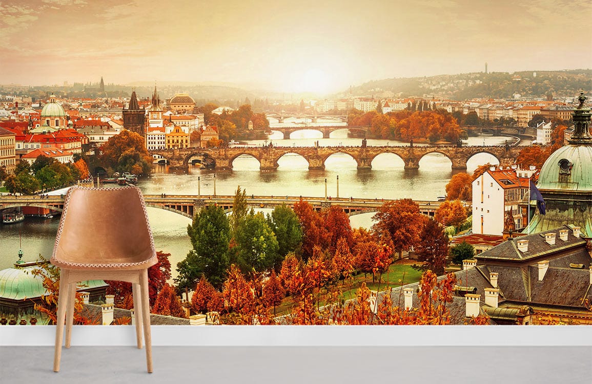 beautiful autumn prague sunset view wallpaper for room