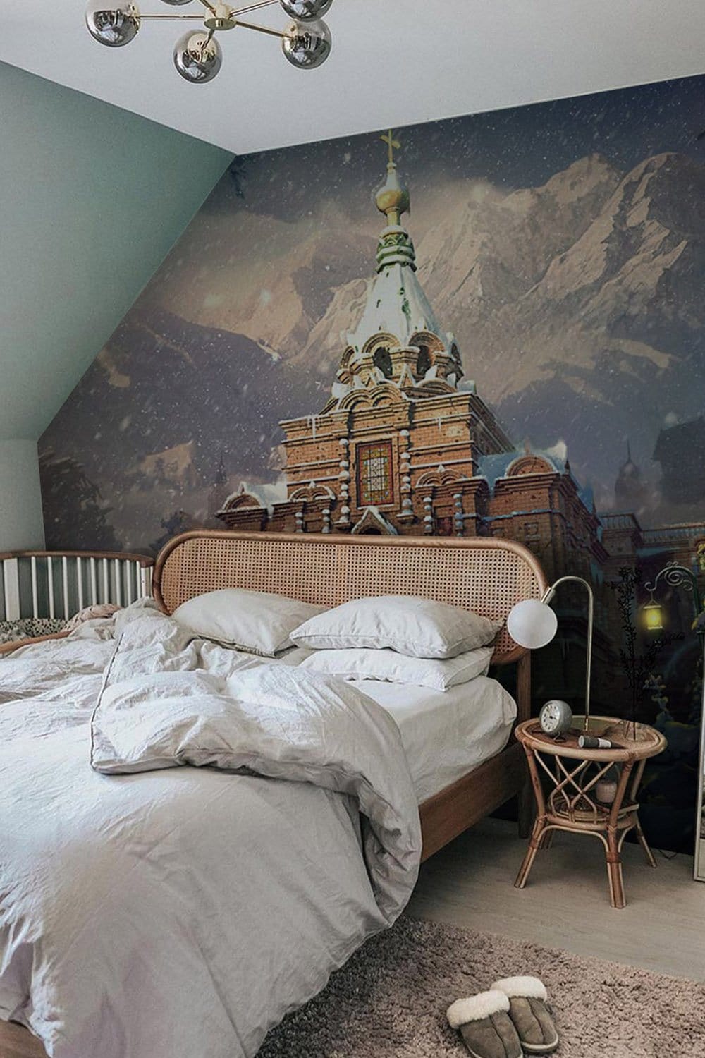 Snowy Cathedral Mountain Landscape Mural Wallpaper in bedroom