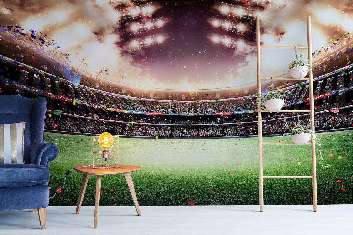 Wallpaper mural in the hallway depicting a brightly lit stadium at night