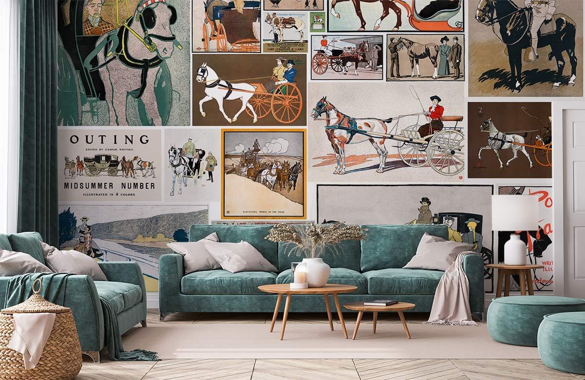 Vintage Equestrian Illustration Collage Mural Wallpaper in living room