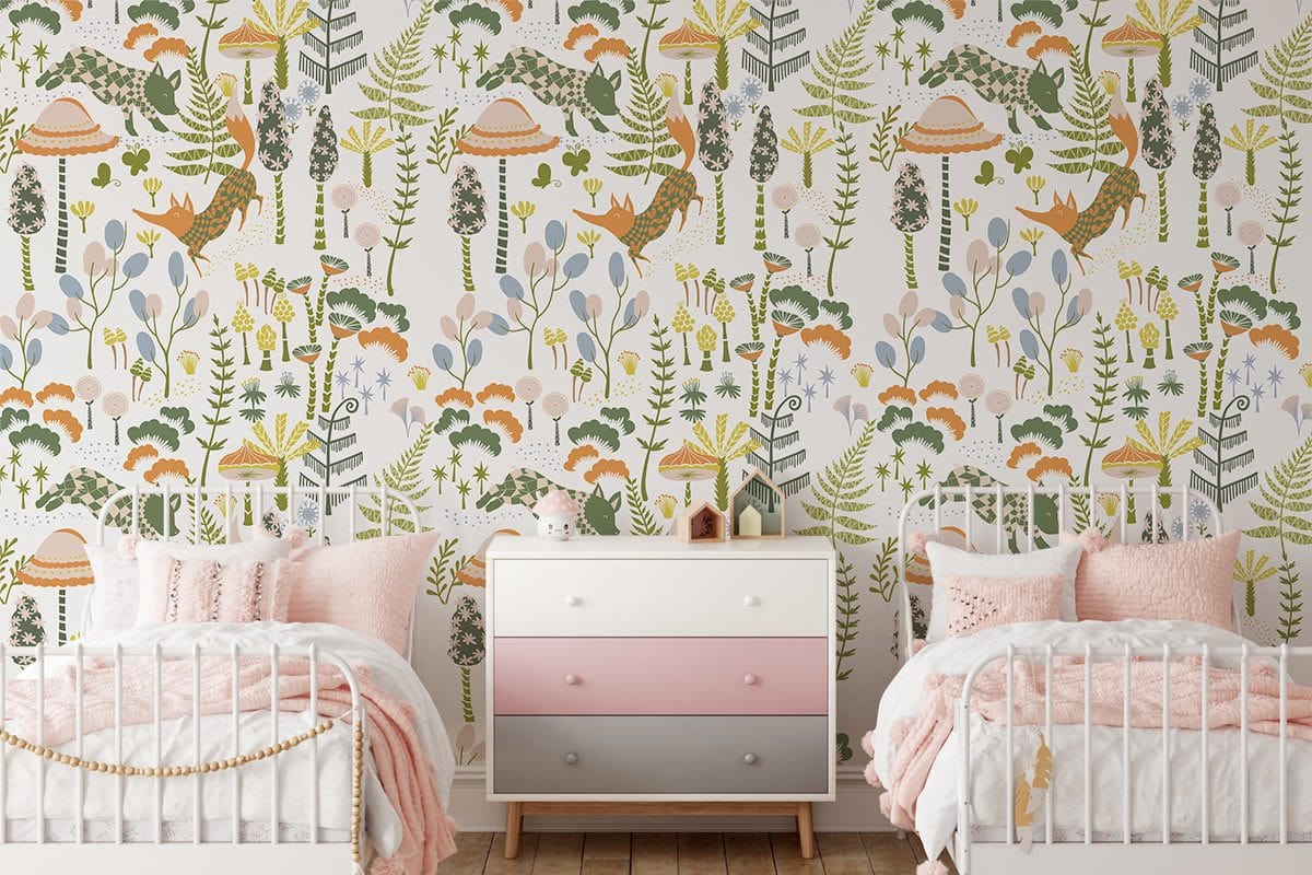Whimsical Dinosaur Botanical Mural Wallpaper in bedroom