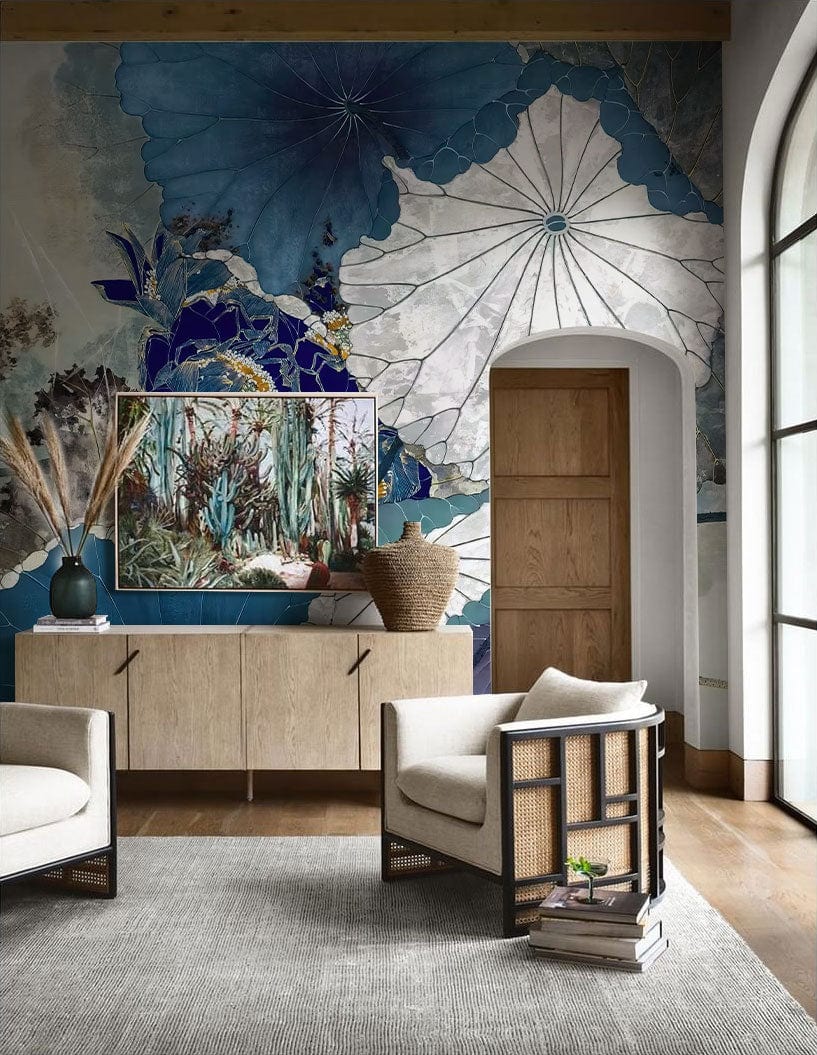 Decorate your living space with this abstract blue lotus leaves wallpaper mural.