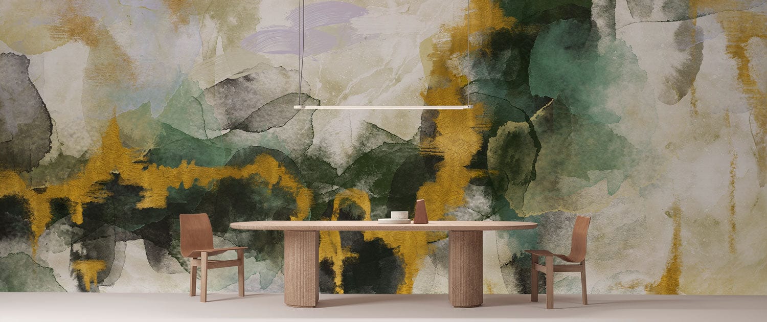 Abstract Watercolor Green Gold Mural Wallpaper in dining room
