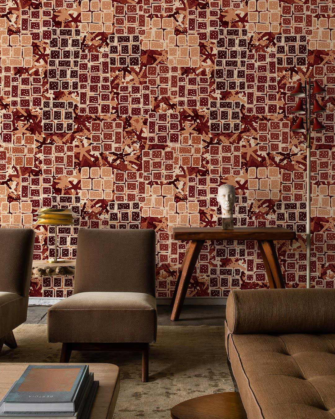 Rustic Brick Mosaic Geometric Mural Wallpaper in living room