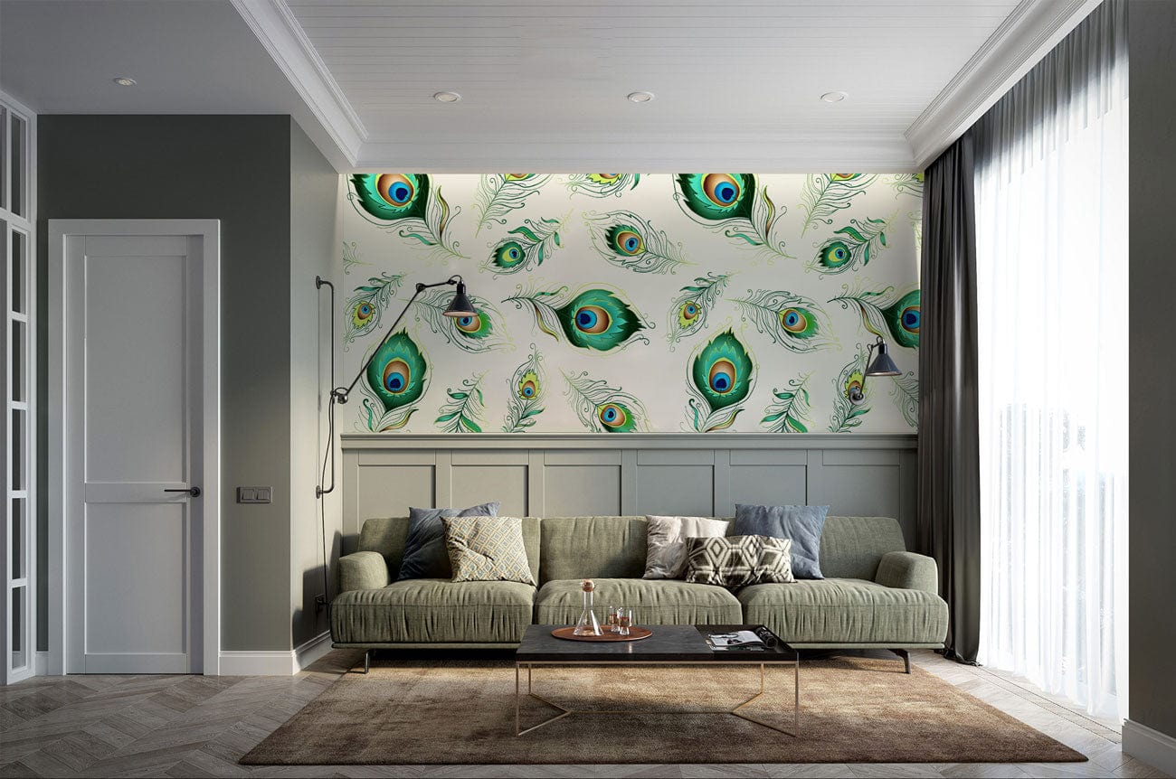 Green Abstract Peacock Feather Wallpaper Mural for Use in Decorating the Living Room