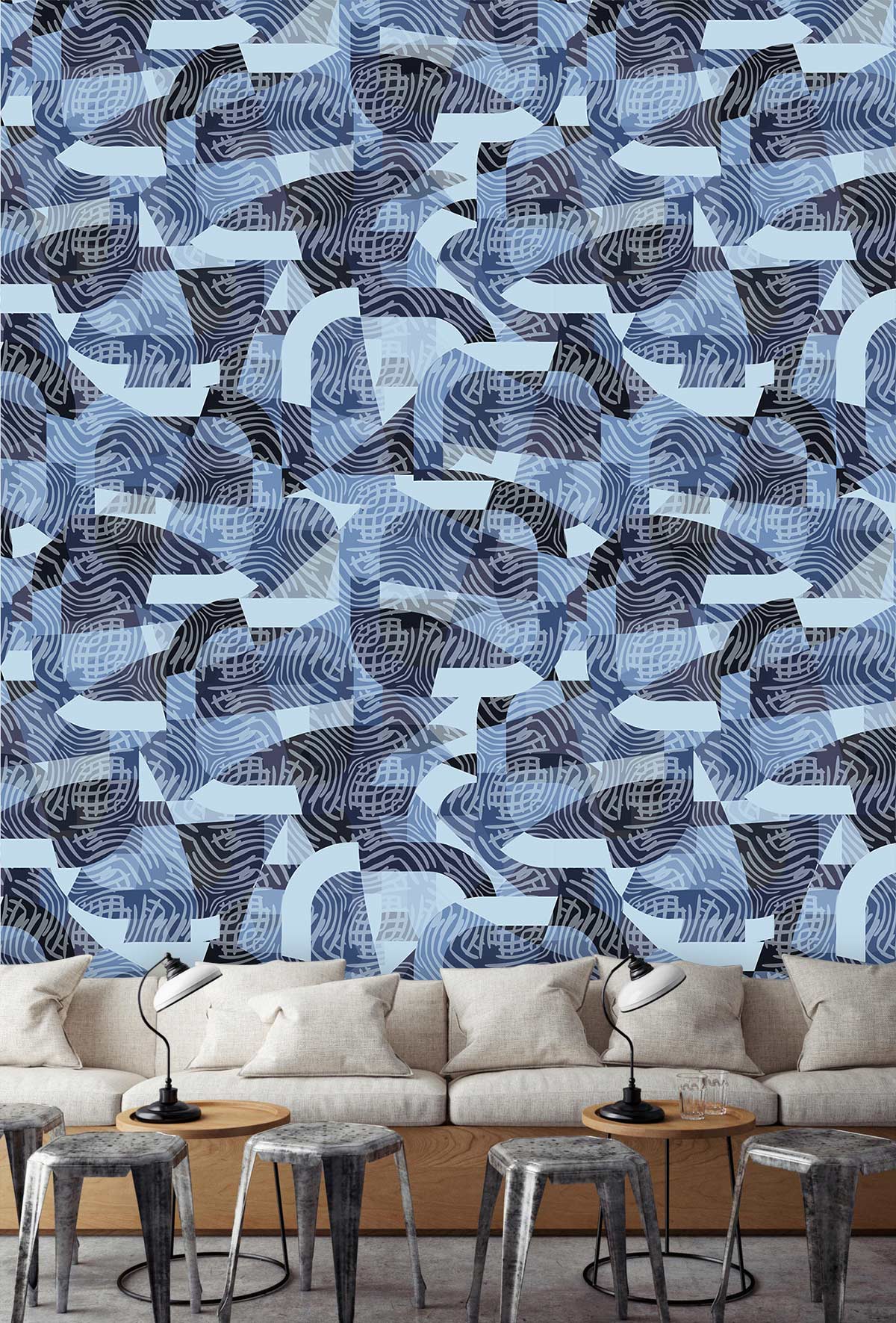 Abstract Wave Pattern Blue Mural Wallpaper in living room
