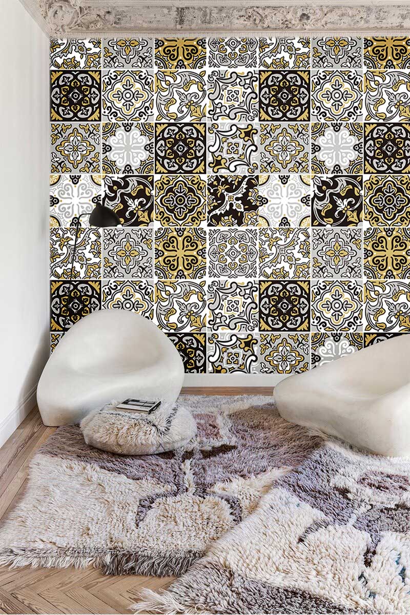 Victorian Geometric Tile Effect Mural Wallpaper in living room