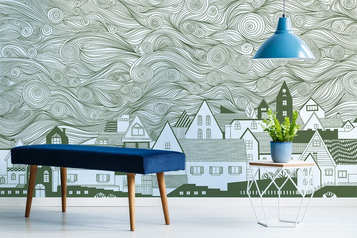 Whimsical Line Art Village Mural Wallpaper in living room