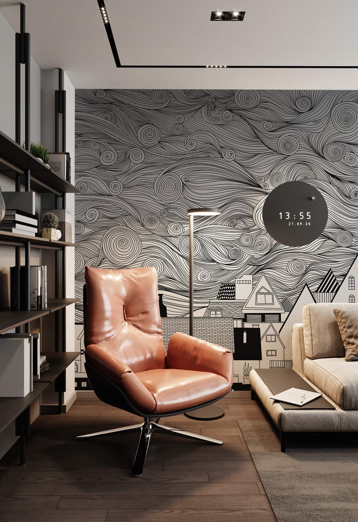Abstract Swirling Skyline Black and White Mural Wallpaper in living room