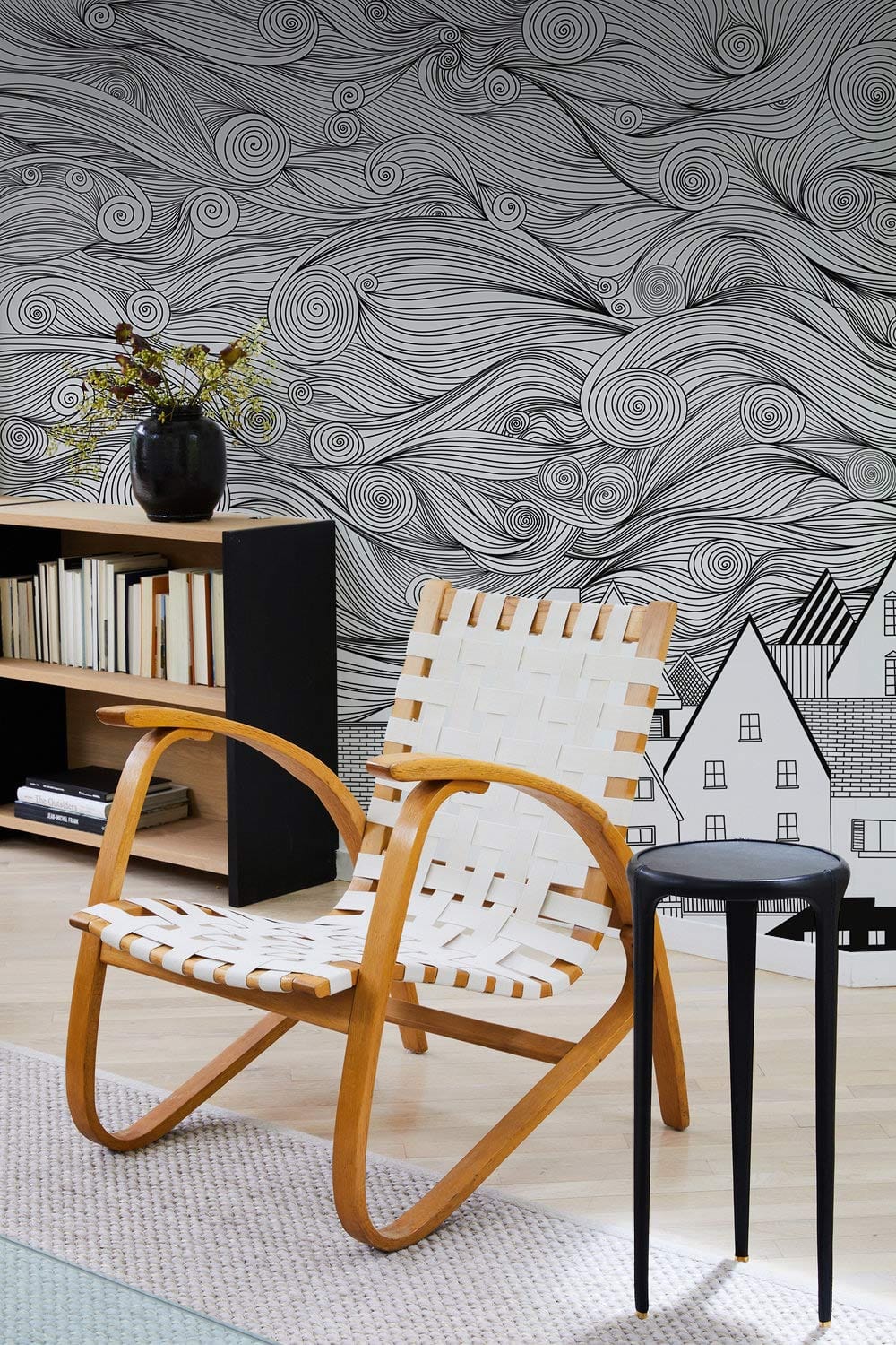 Abstract Swirling Skyline Black and White Mural Wallpaper in living room