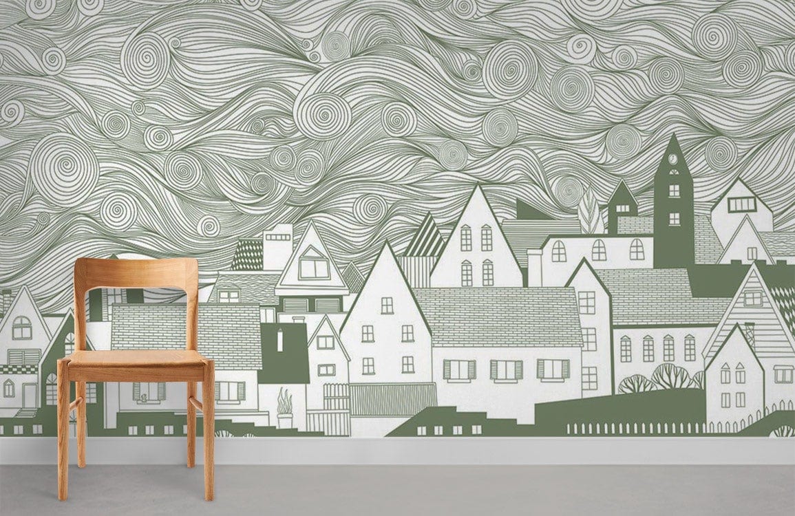 Whimsical Line Art Village Mural Wallpaper