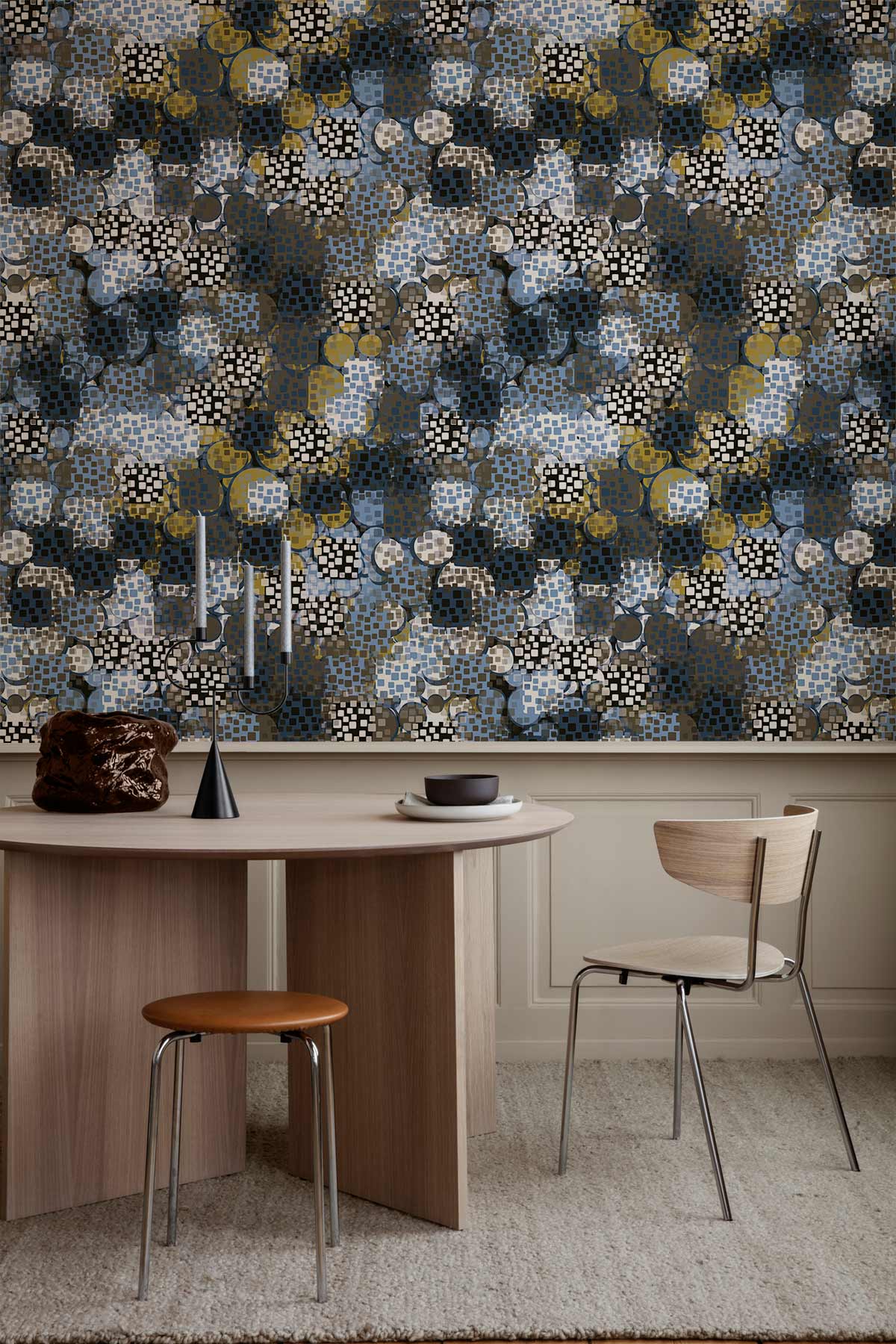 Abstract Geometric Navy Gold Mural Wallpaper in dining room