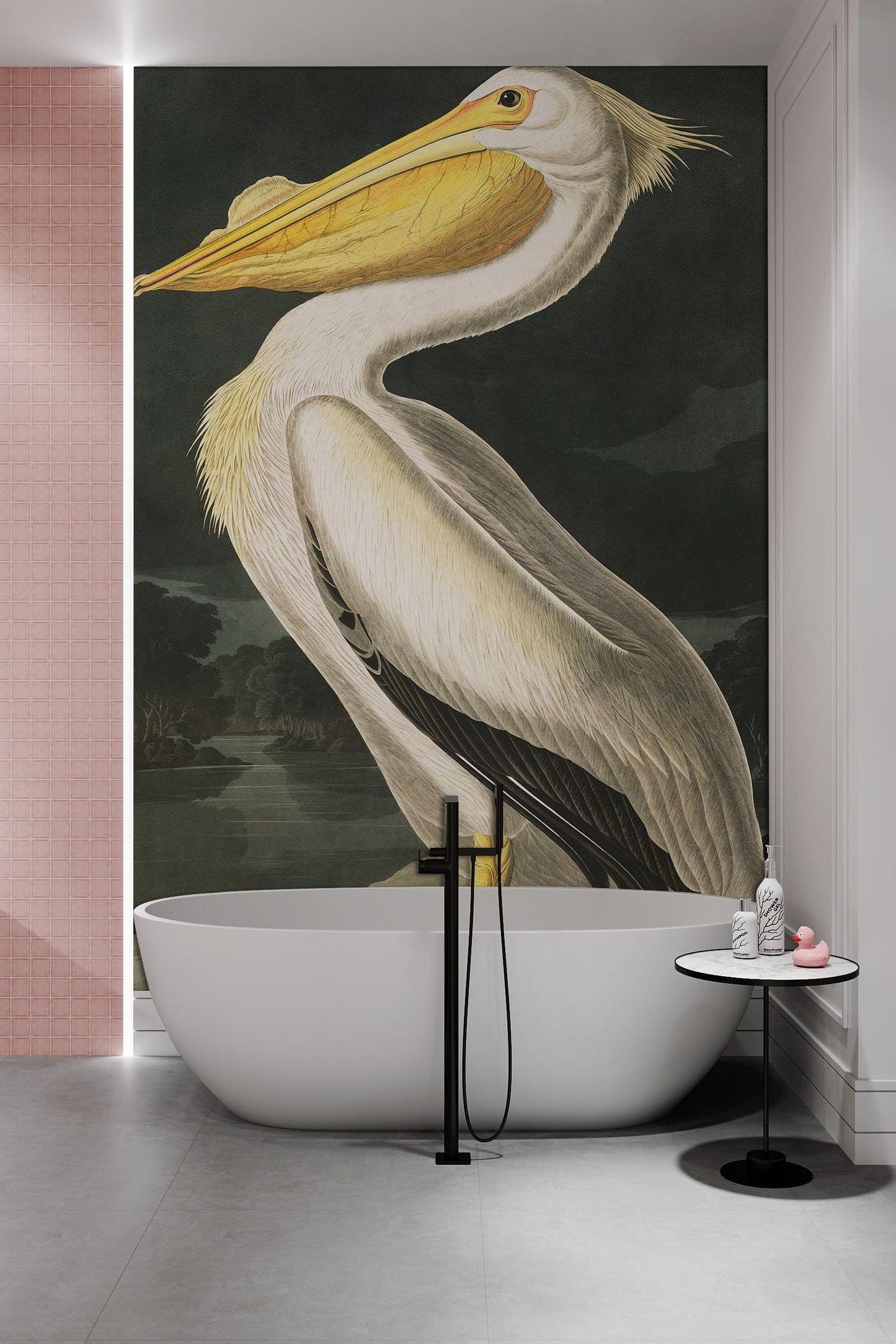 Vintage Pelican Illustration Mural Wallpaper in bathroom