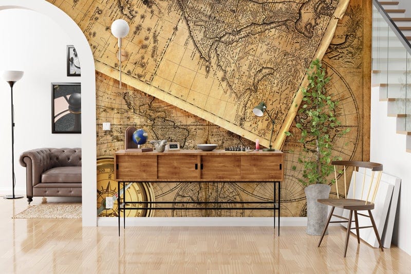 Vintage Nautical Map Mural Wallpaper in living room