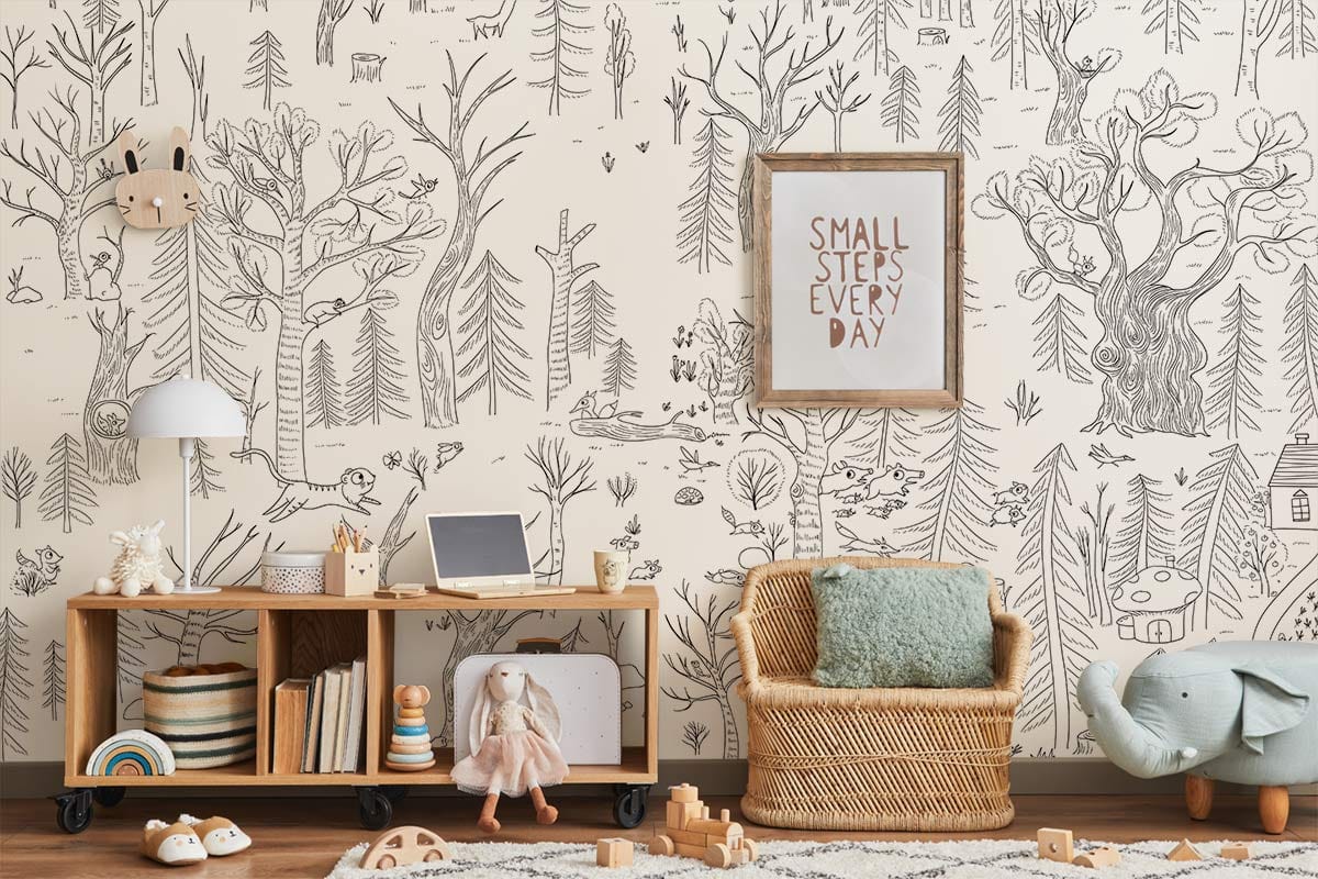 Enchanted Forest Line Art Children's Wallpaper Mural in children's room
