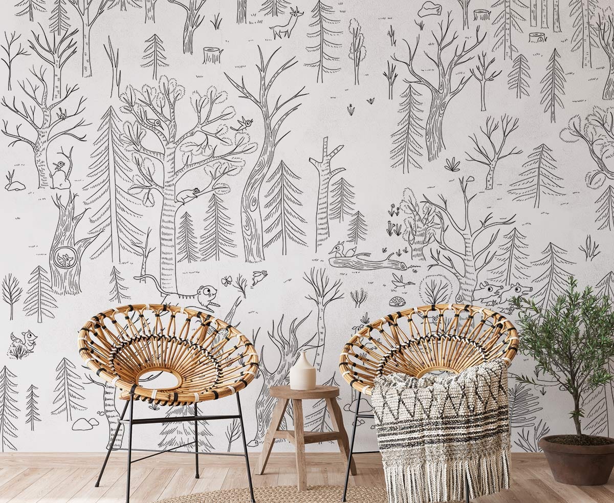 Enchanted Forest Line Art Children's Wallpaper Mural in living room