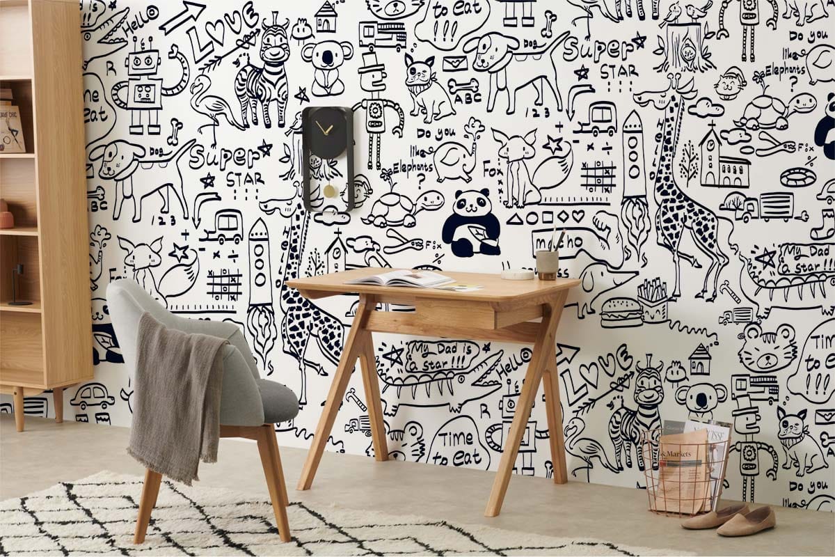 Whimsical Doodle Art Kids Mural Wallpaper in playroom