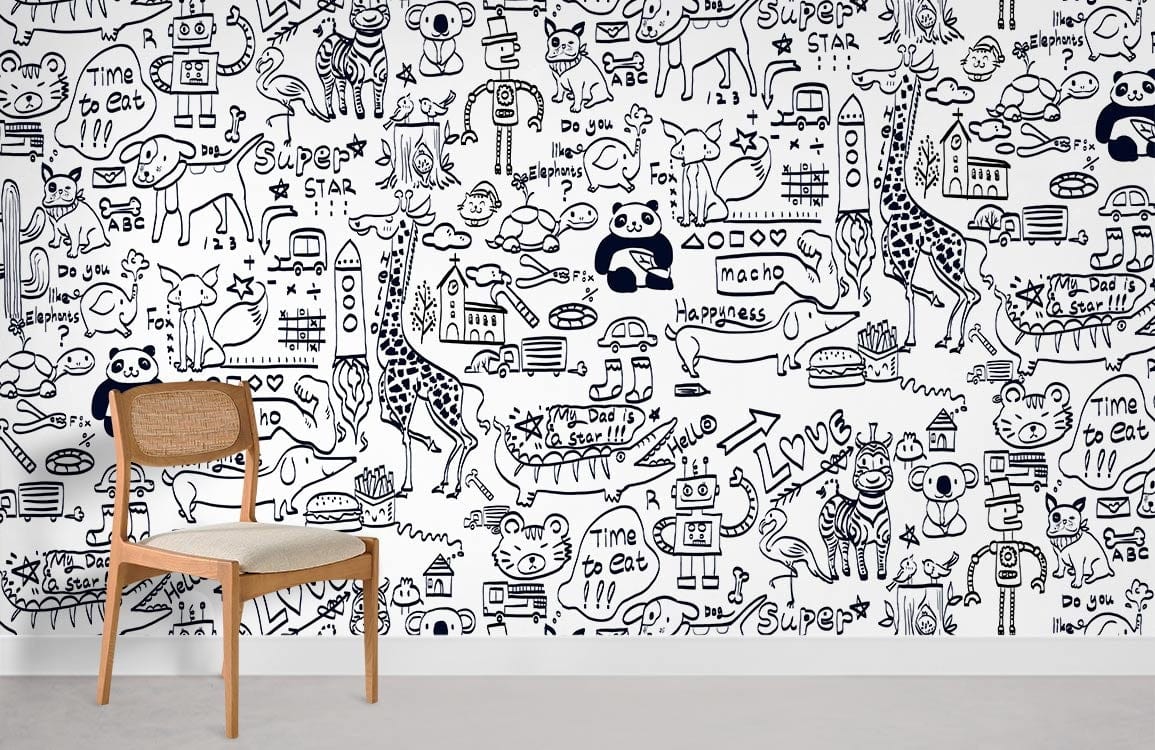 Whimsical Doodle Art Kids Mural Wallpaper in playroom